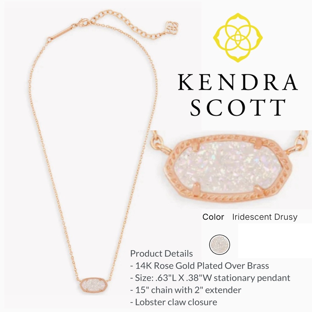 🔥 Kendra Scott Elisa Rose Gold Pendant Necklace in Iridescent Drusy 15” Chain